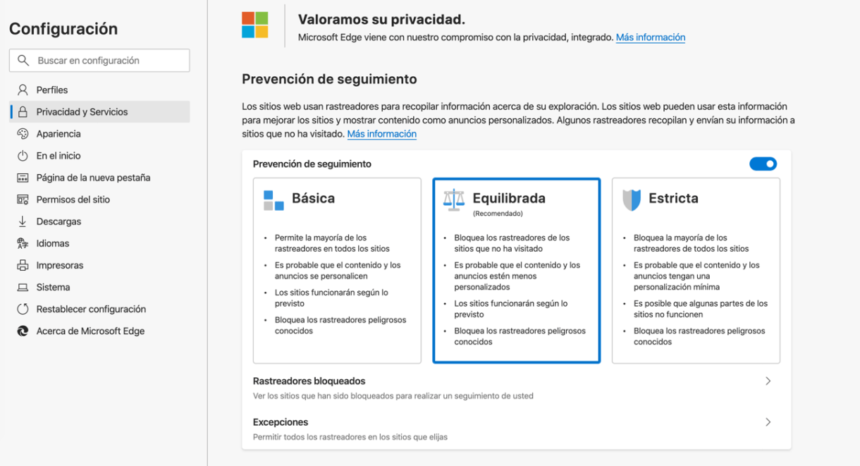Configuración cookies en Edge