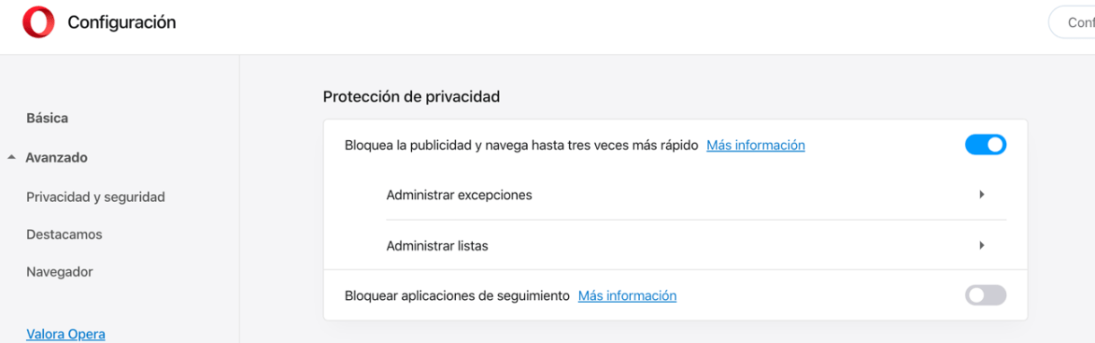 Configuración cookies en Opera