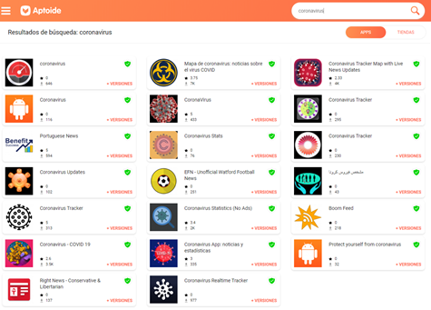 Apps encontradas en el market alternativo APTOIDE sólo con el término “coronavirus”