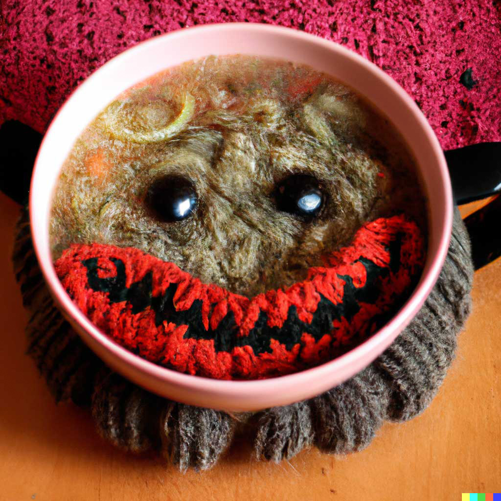 Imagen de un cuenco de sopa que parece un monstruo tejido con lana. Imagen: OpenAI