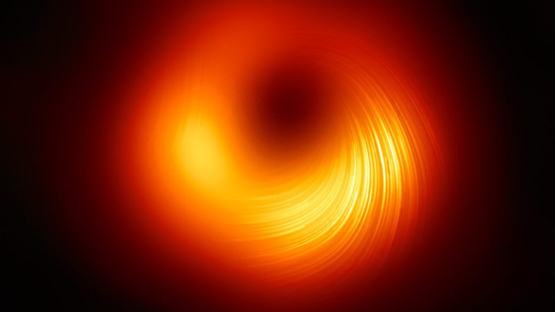 Esta imagen muestra la vista polarizada del agujero negro de M87. Las líneas marcan la orientación de la polarización, que está relacionada con el campo magnético que hay alrededor de la sombra del agujero negro. / Imagen: EHT Collaboration
